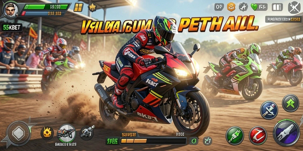 Screenshot gameplay 55KBET yang menunjukkan aksi balapan motor mendebarkan.