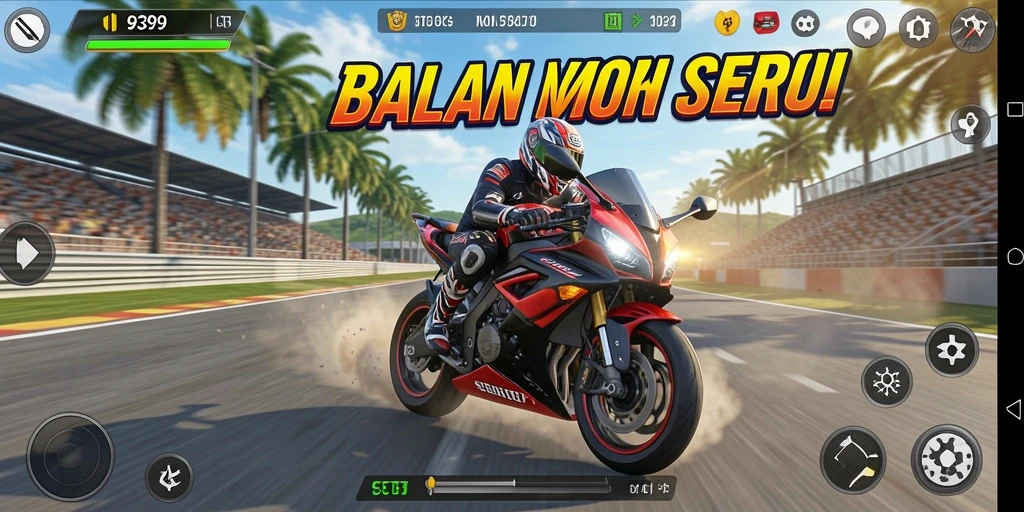 Screenshot utama menunjukkan aksi balapan motor yang mendebarkan.