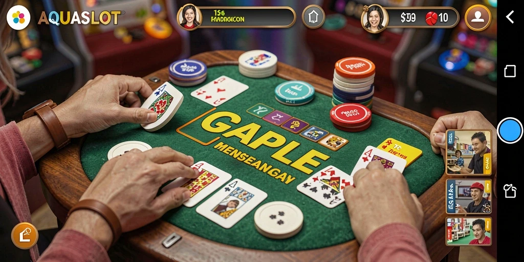 Screenshot gameplay AQUASLOT menampilkan suasana bermain Gaple yang mendebarkan.