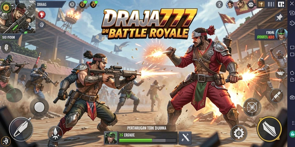 Tangkapan layar dari gameplay DRAJA777 dengan aksi pertempuran Battle Royale yang seru.