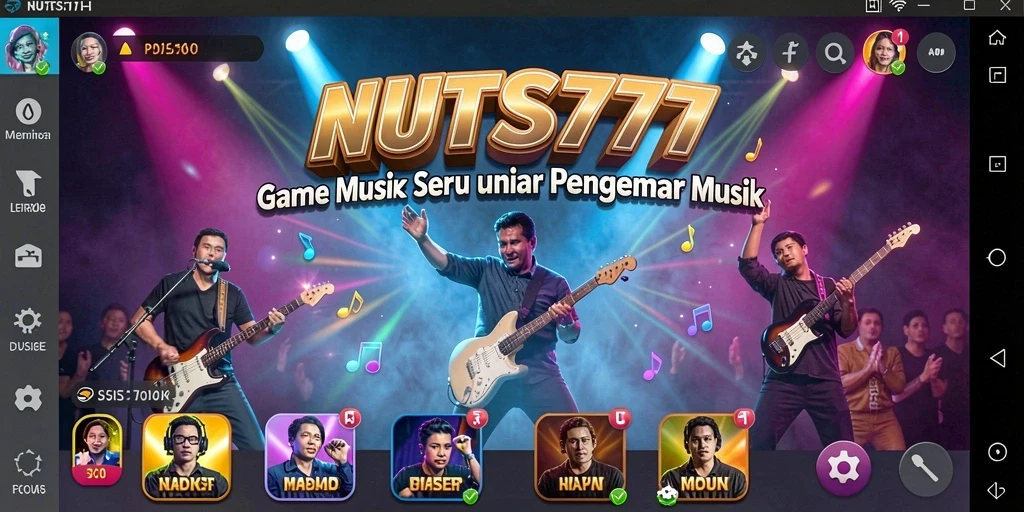 Tangkapan layar gameplay NUTS777 dengan fitur musik interaktif dan tantangan.