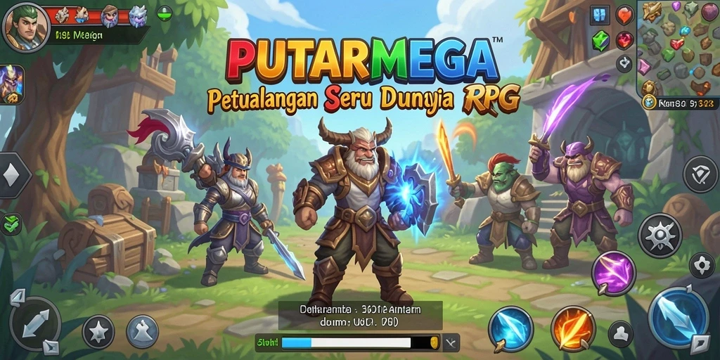 Screenshot utama PUTARMEGA menunjukkan aksi RPG yang mendebarkan dan karakter yang menarik.